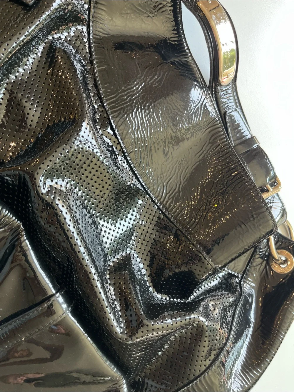 Ralph Lauren Collection Patent Perforated Leather Hobo Bag Black